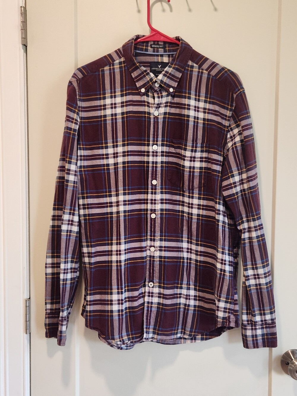 American Eagle Classic Burgundy Plaid Button-Down Shirt Men's L *imperfection*